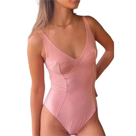 We Are Hah Eyes On Top Lace One-Piece Bodysuit Copper Rose Pink NWT S - Picture 2 of 11